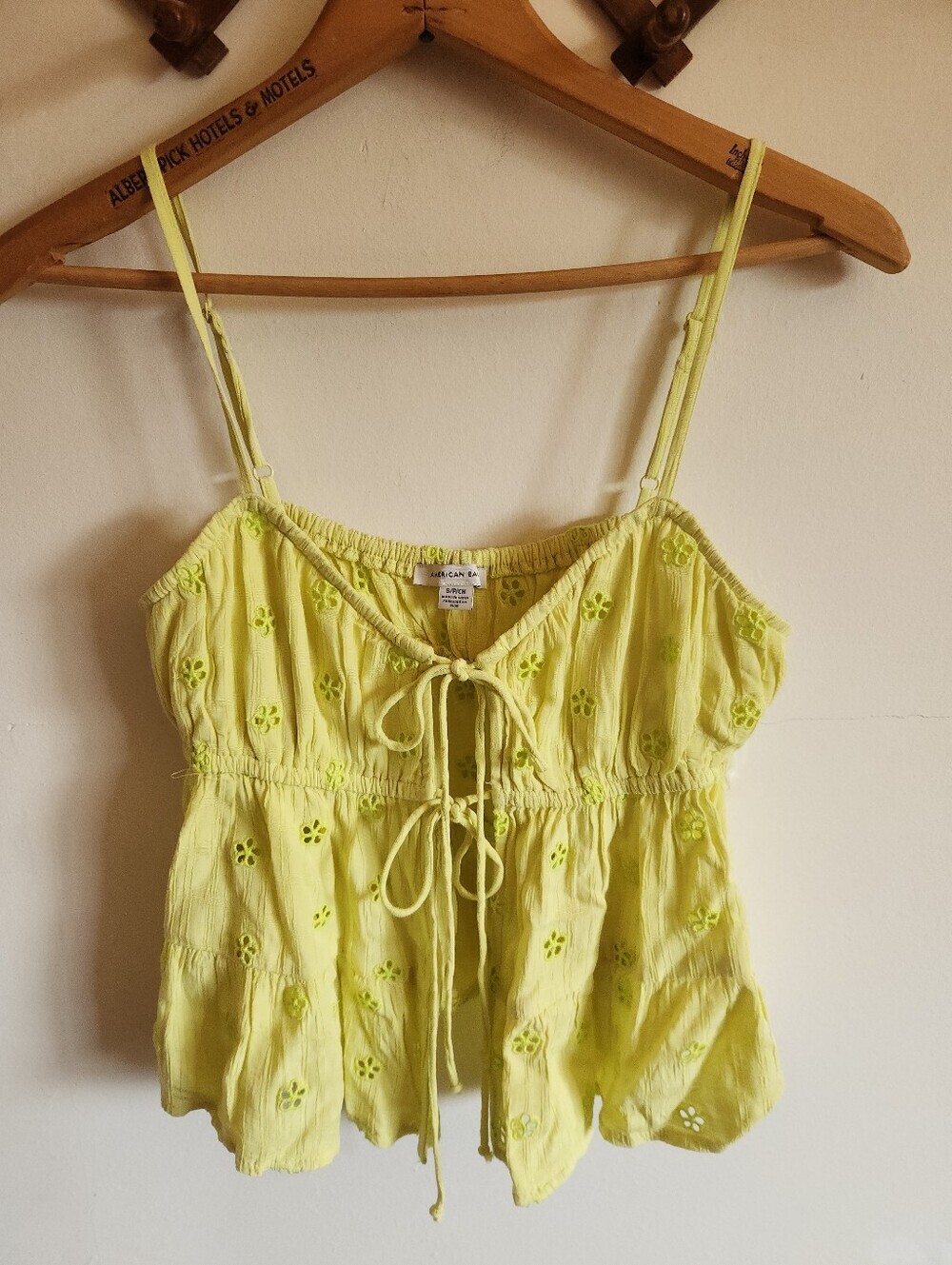 American Eagle Outfitters Neon Yellow Eyelet Tie-Front Camisole Small Viscose